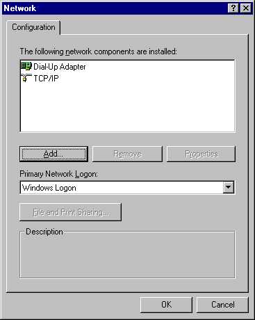Network config showing a dial up adapter and TCP/IP...